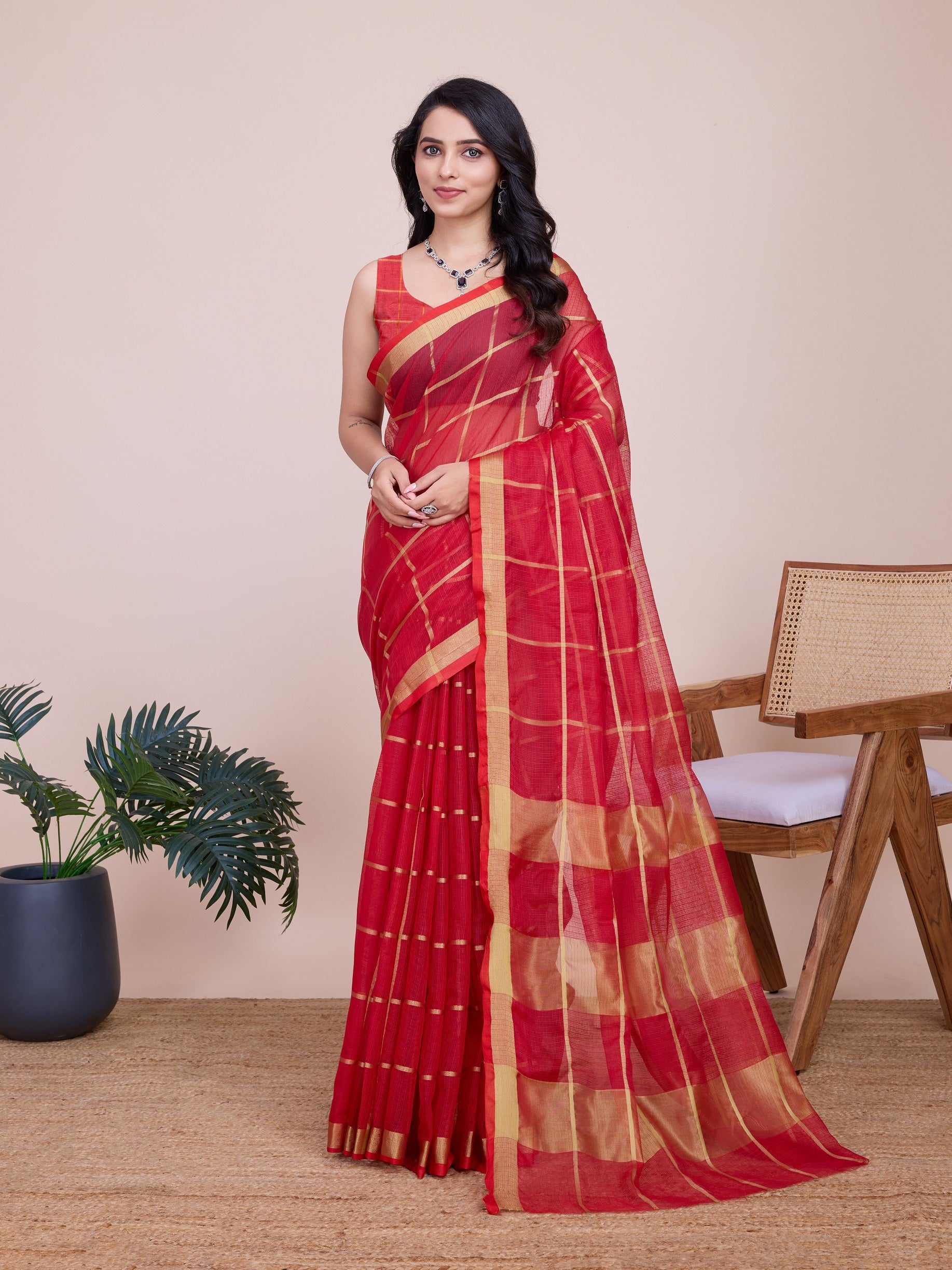 Vedant Vastram Cotton Silk Jacquard Fancy Saree - Red - Distacart
