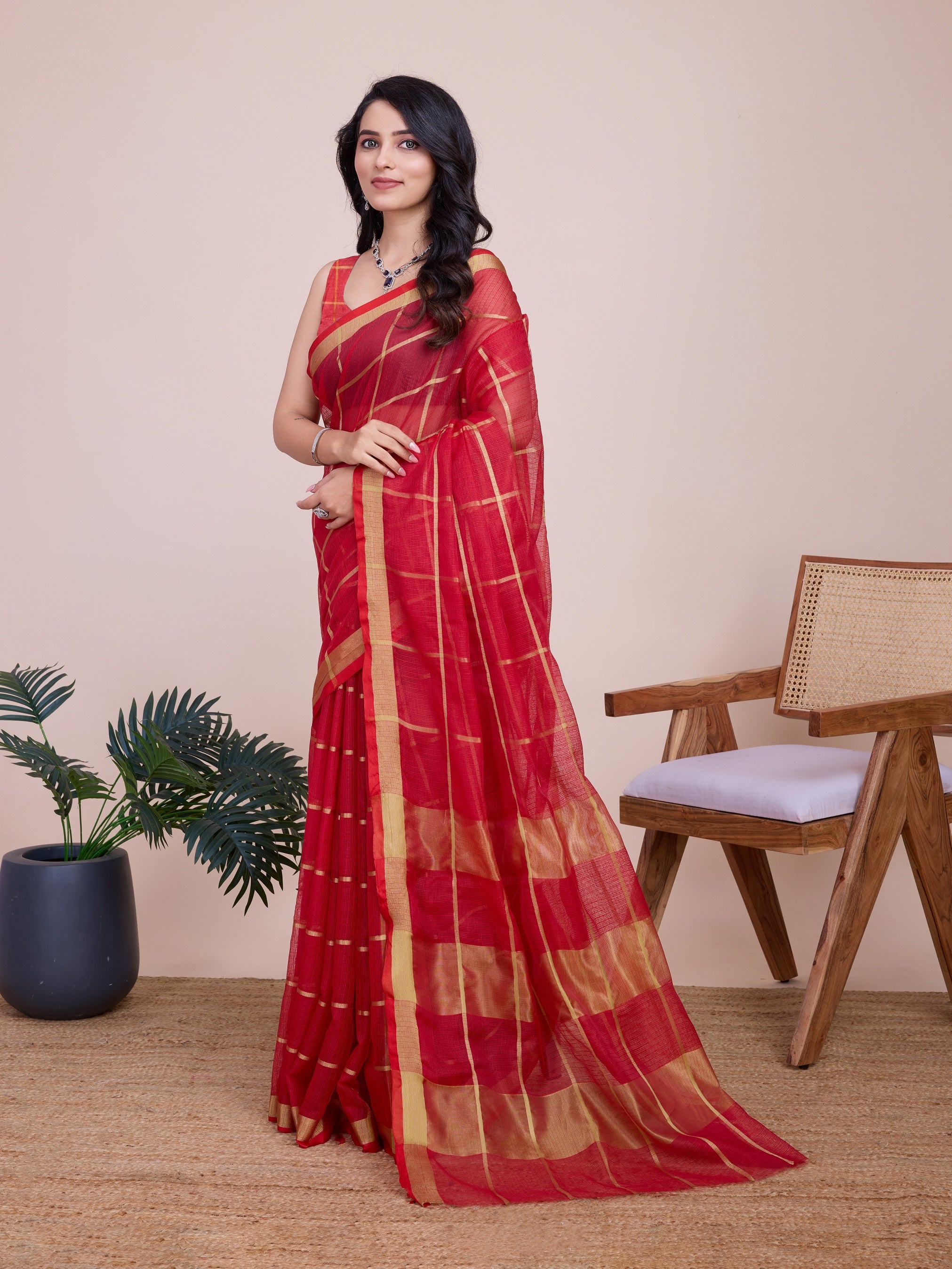 Vedant Vastram Cotton Silk Jacquard Fancy Saree - Red - Distacart