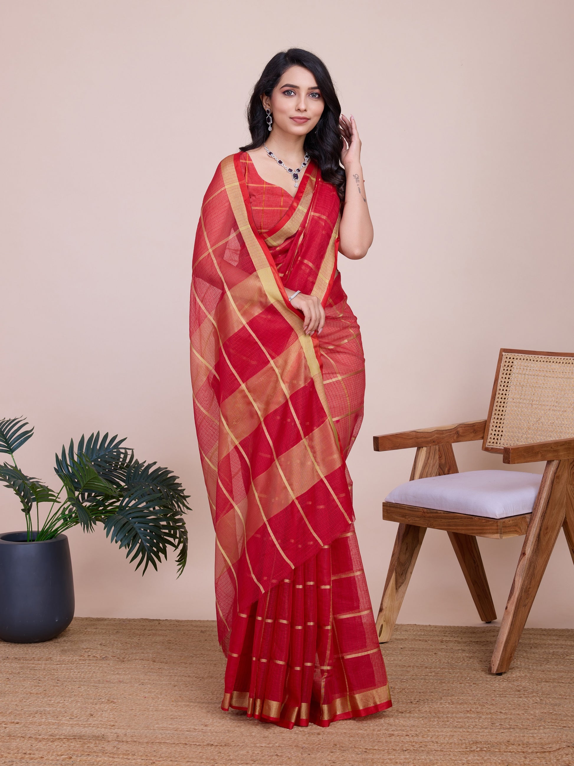 Vedant Vastram Cotton Silk Jacquard Fancy Saree - Red - Distacart