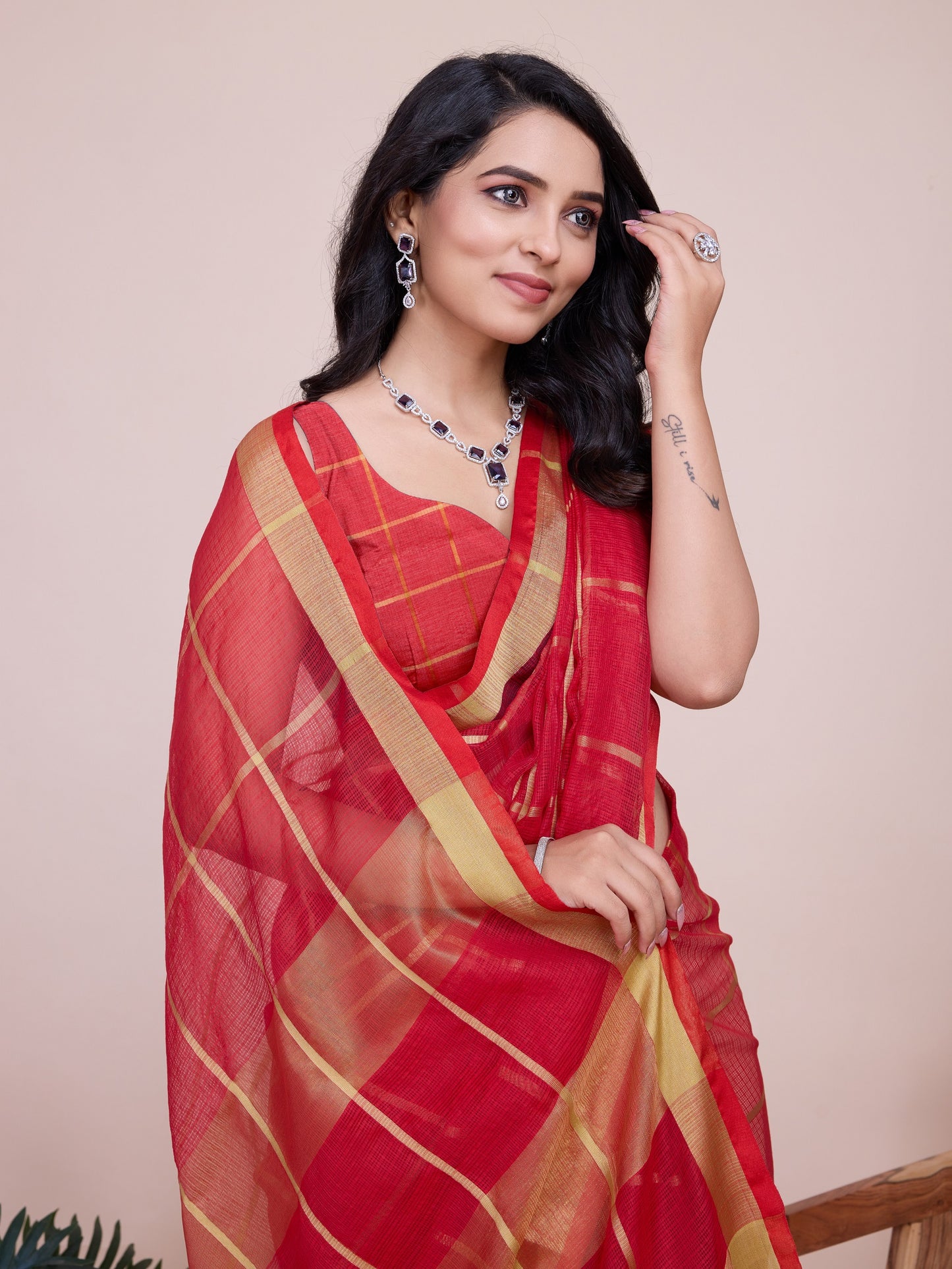 Vedant Vastram Cotton Silk Jacquard Fancy Saree - Red - Distacart