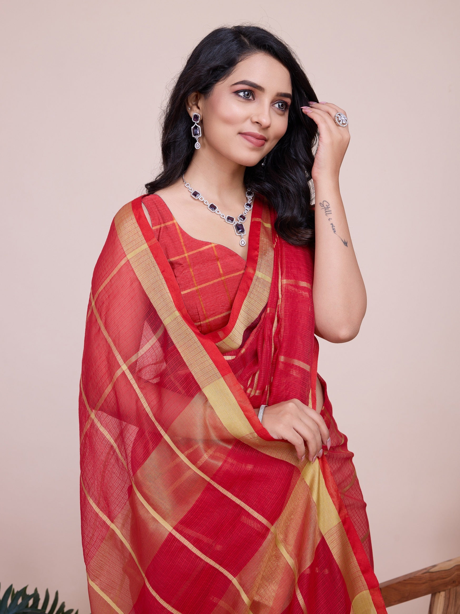 Vedant Vastram Cotton Silk Jacquard Fancy Saree - Red - Distacart
