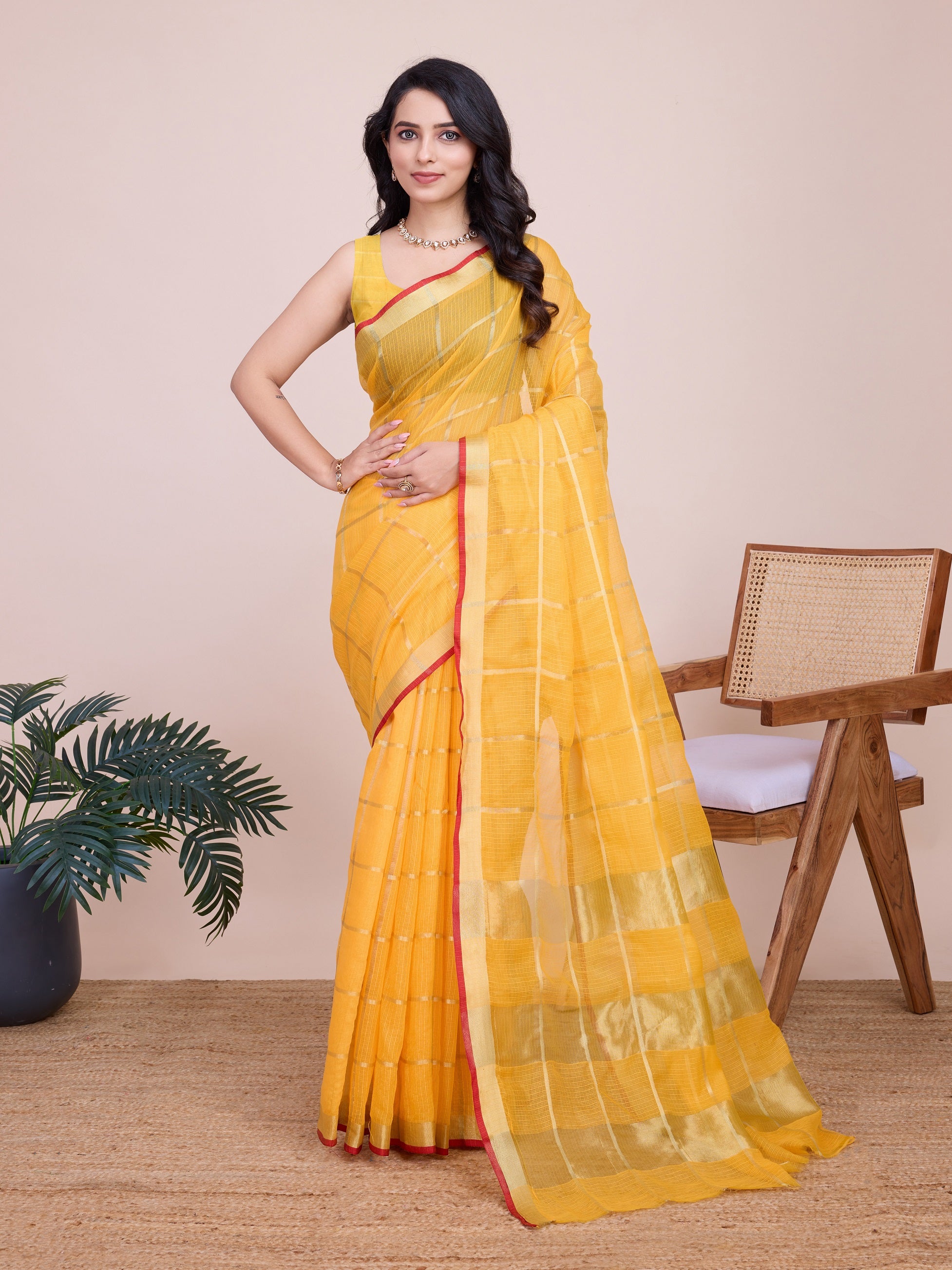 Vedant Vastram Cotton Silk Jacquard Fancy Saree - Yellow - Distacart