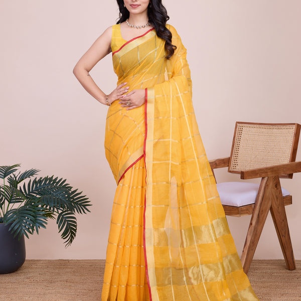 Vedant Vastram Cotton Silk Jacquard Fancy Saree - Yellow - Distacart