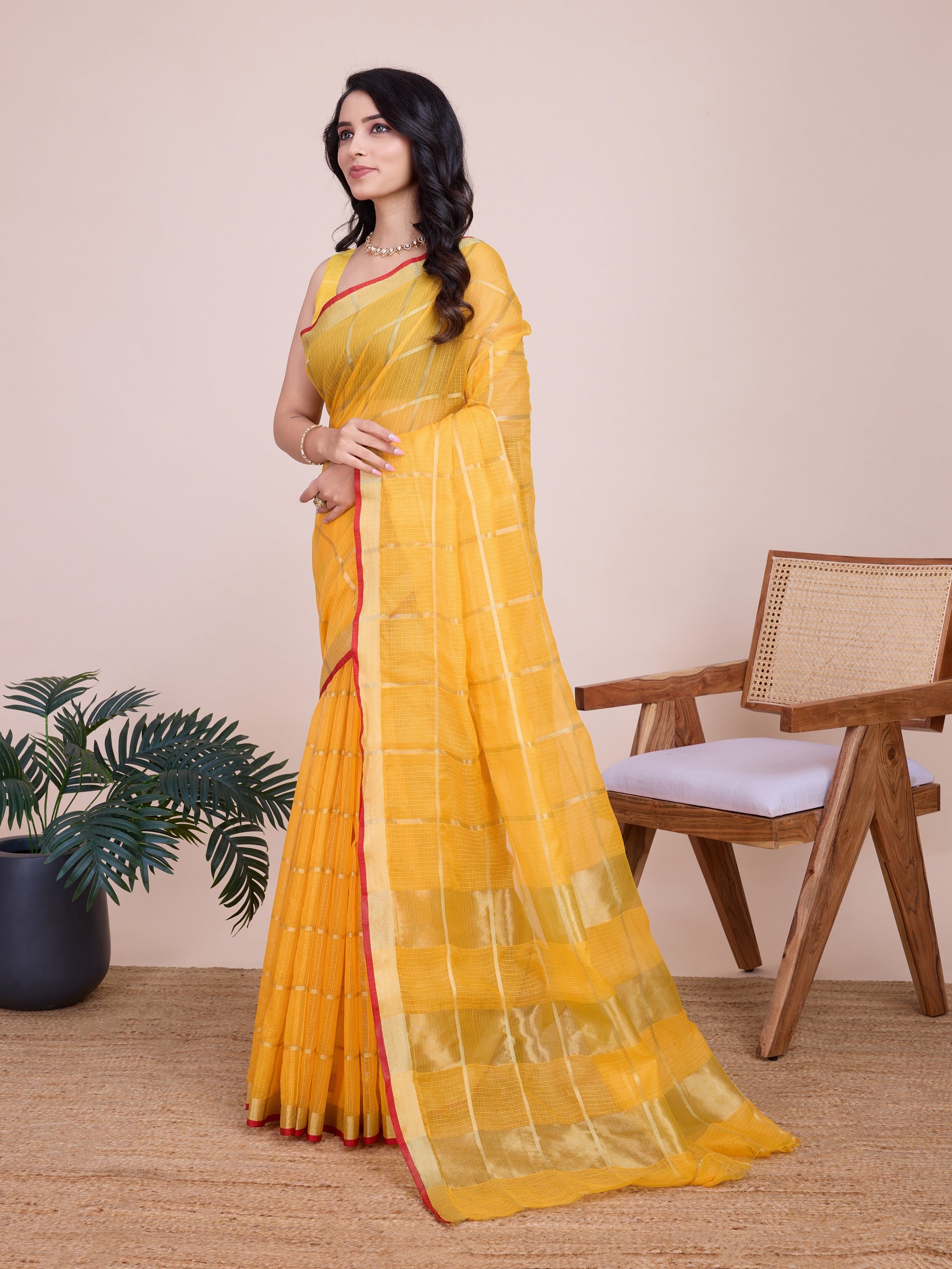 Vedant Vastram Cotton Silk Jacquard Fancy Saree - Yellow - Distacart