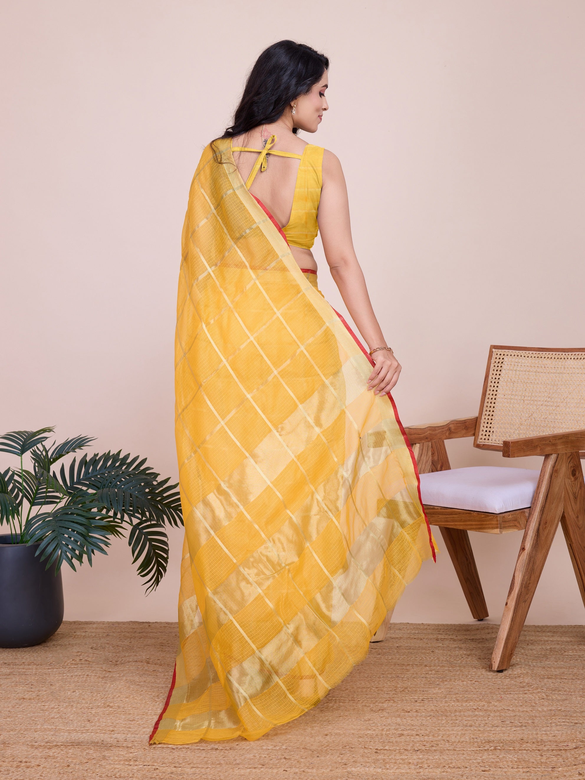 Vedant Vastram Cotton Silk Jacquard Fancy Saree - Yellow - Distacart