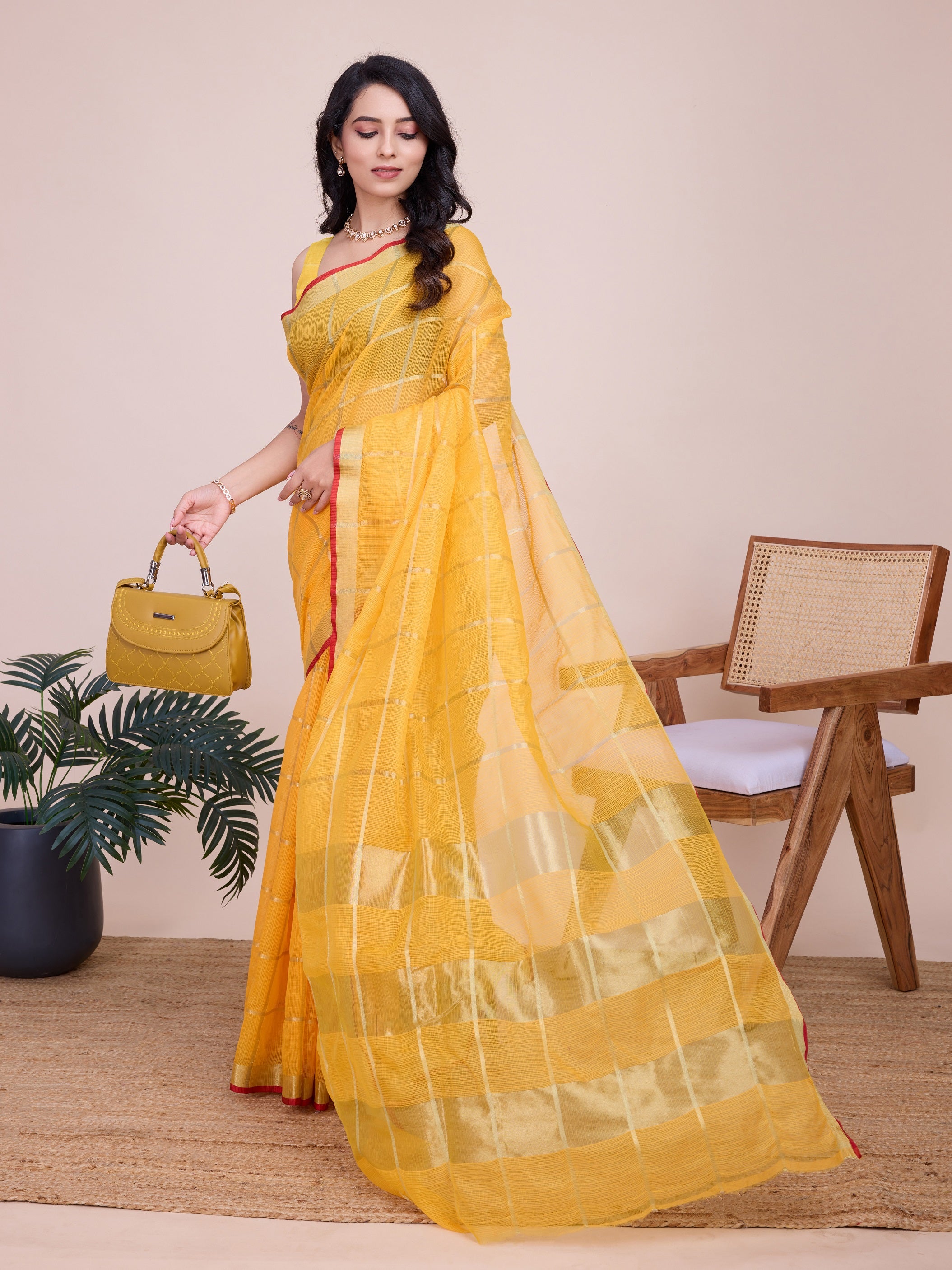 Vedant Vastram Cotton Silk Jacquard Fancy Saree - Yellow - Distacart