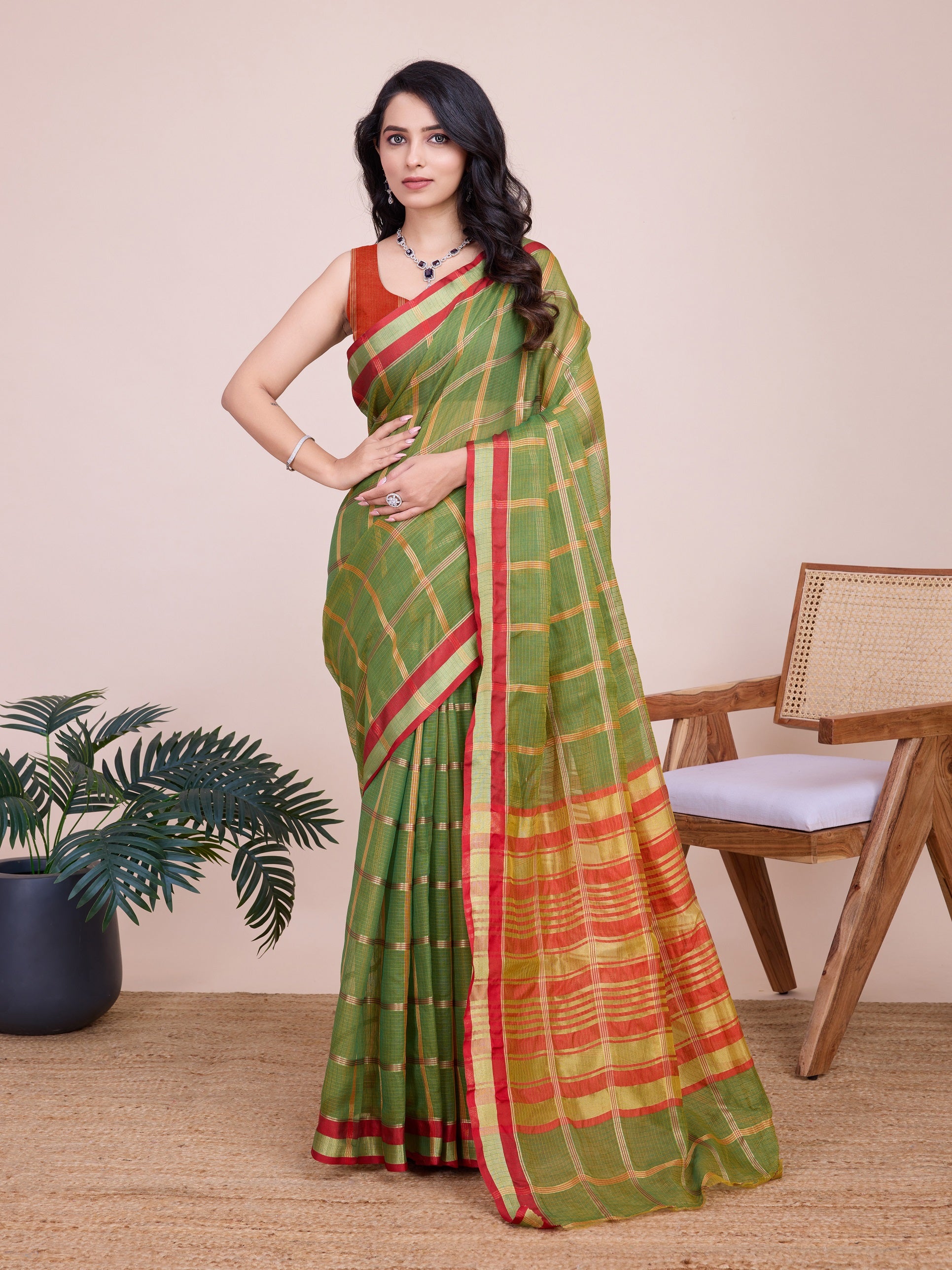 Vedant Vastram Cotton Silk Jacquard Fancy Saree - Mahendi - Distacart
