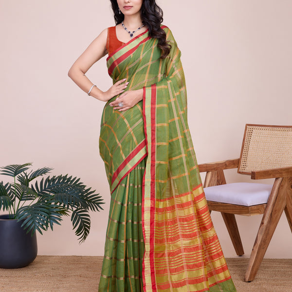 Vedant Vastram Cotton Silk Jacquard Fancy Saree - Mahendi - Distacart