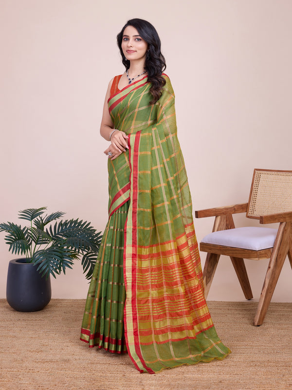 Vedant Vastram Cotton Silk Jacquard Fancy Saree - Mahendi - Distacart