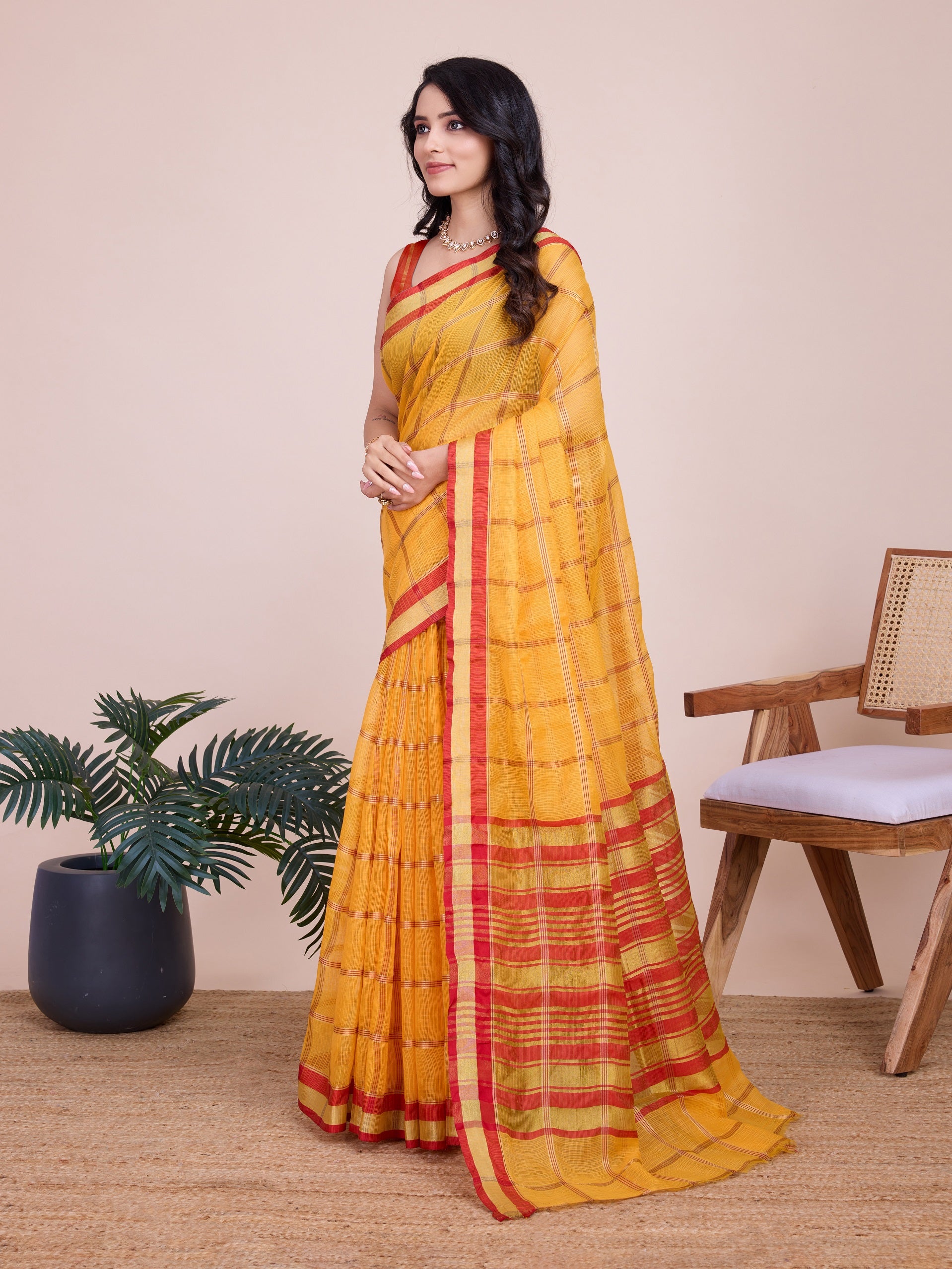 Vedant Vastram Cotton Silk Jacquard Fancy Saree - Mustard - Distacart