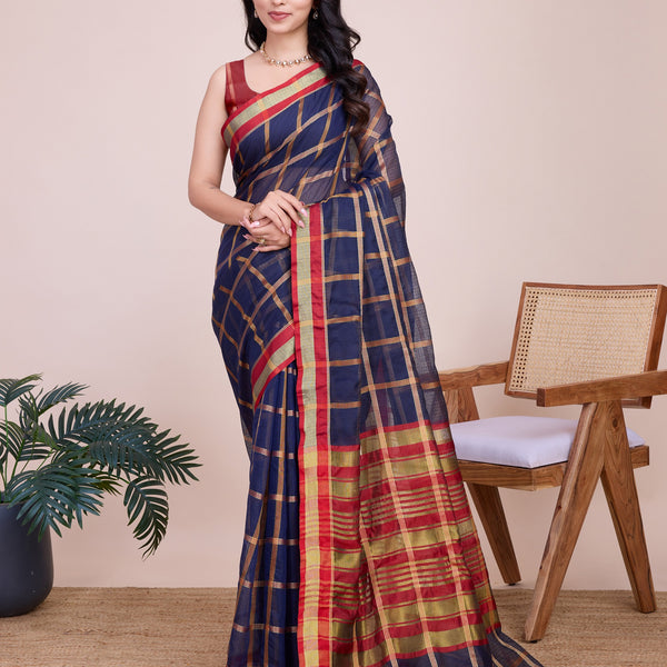 Vedant Vastram Cotton Silk Jacquard Fancy Saree - Navy - Distacart