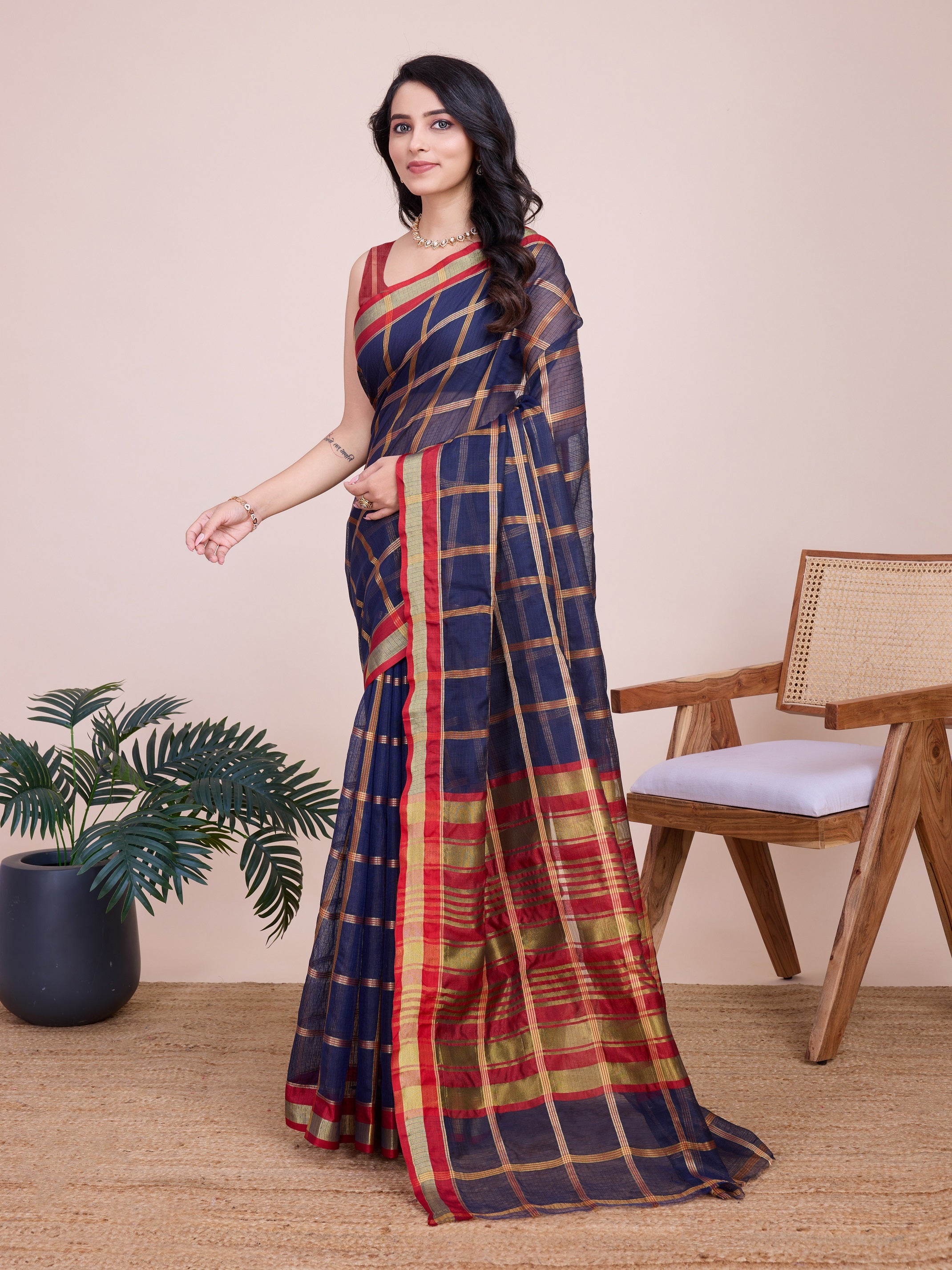Vedant Vastram Cotton Silk Jacquard Fancy Saree - Navy - Distacart