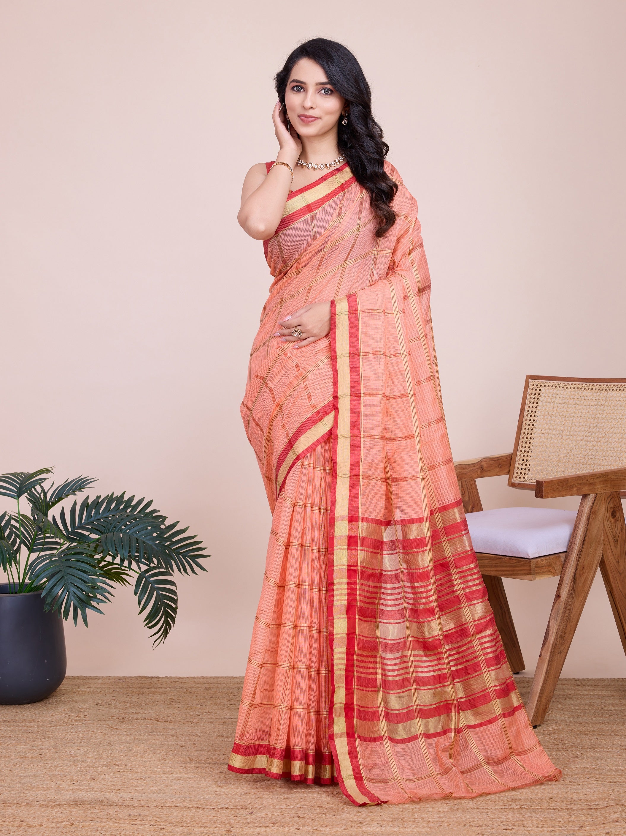 Vedant Vastram Cotton Silk Jacquard Fancy Saree - Peach - Distacart