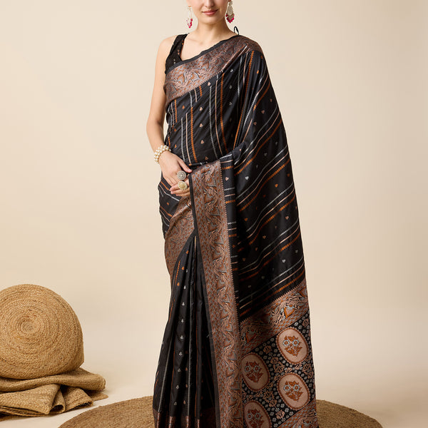 Vedant Vastram Soft Litchi Silk Banarasi Silk Saree - Black - Distacart