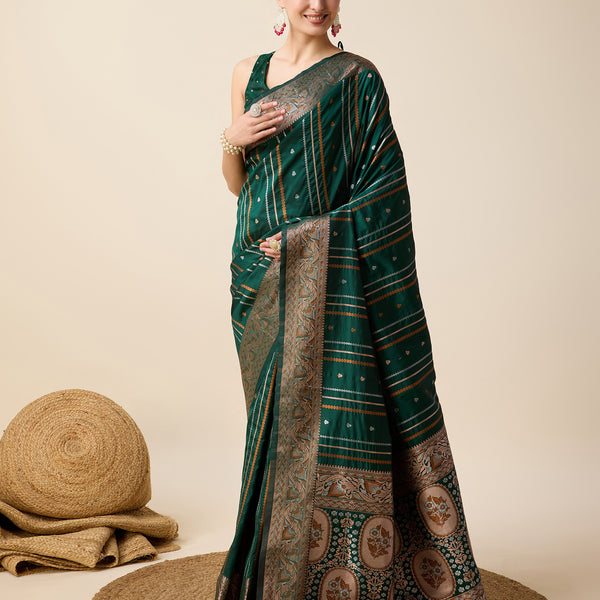 Vedant Vastram Soft Litchi Silk Banarasi Silk Saree - Green - Distacart