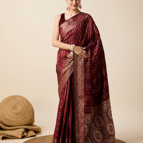 Vedant Vastram Soft Litchi Silk Banarasi Silk Saree - Maroon - Distacart