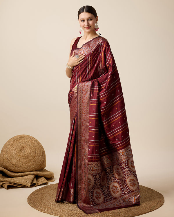 Vedant Vastram Soft Litchi Silk Banarasi Silk Saree - Maroon - Distacart