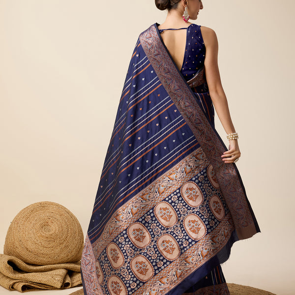 Vedant Vastram Soft Litchi Silk Banarasi Silk Saree - Navy - Distacart