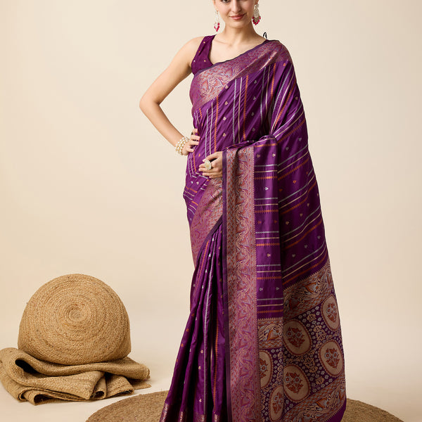 Vedant Vastram Soft Litchi Silk Banarasi Silk Saree - Purple - Distacart