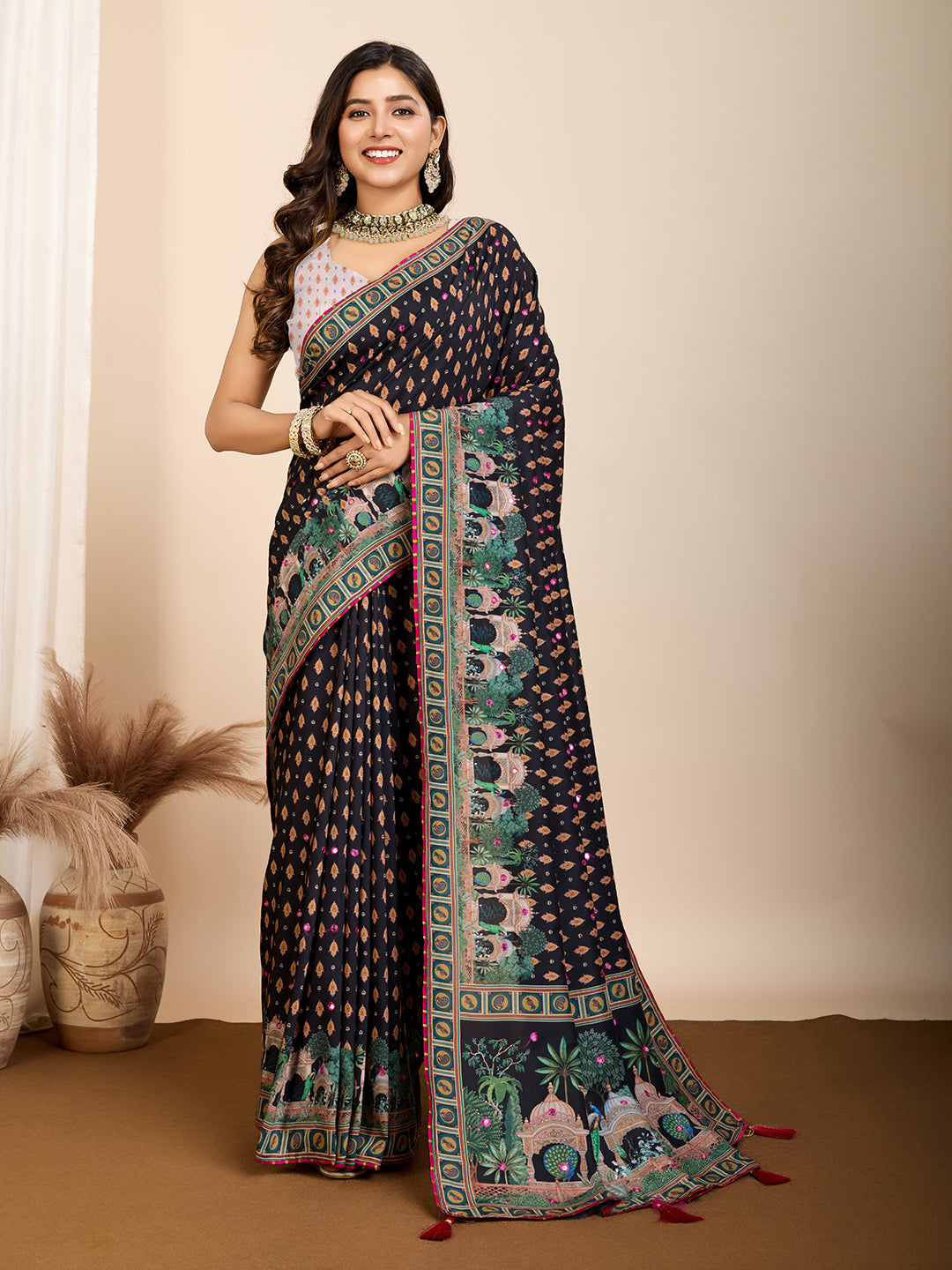Vedant Vastram Maslin Cotton Printed & Hand work Fancy Saree - Black - Distacart