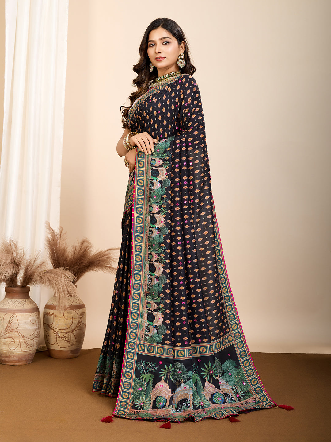Vedant Vastram Maslin Cotton Printed & Hand work Fancy Saree - Black - Distacart