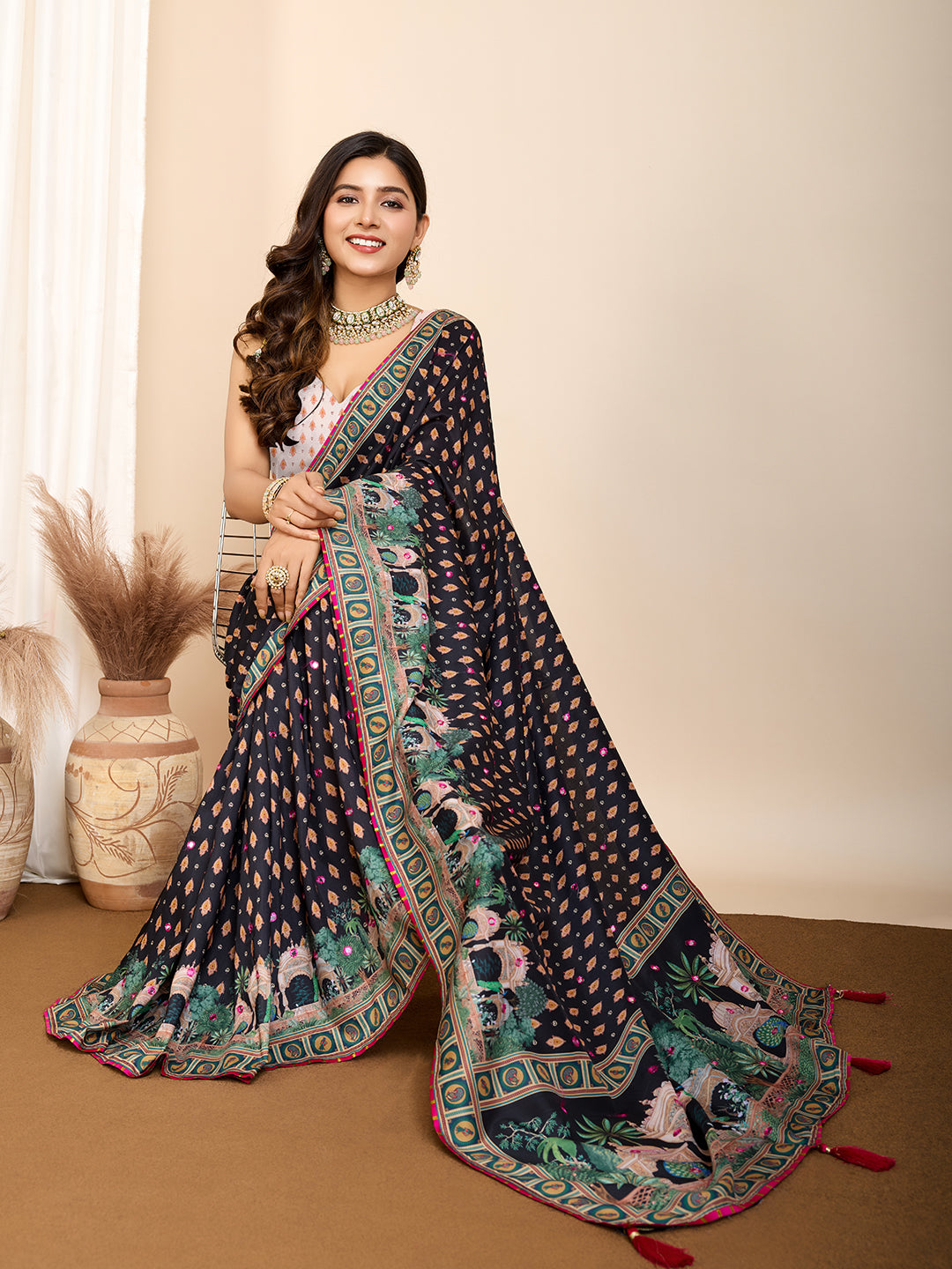 Vedant Vastram Maslin Cotton Printed & Hand work Fancy Saree - Black - Distacart