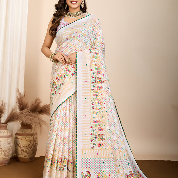 Vedant Vastram Maslin Cotton Printed & Hand work Fancy Saree - White - Distacart