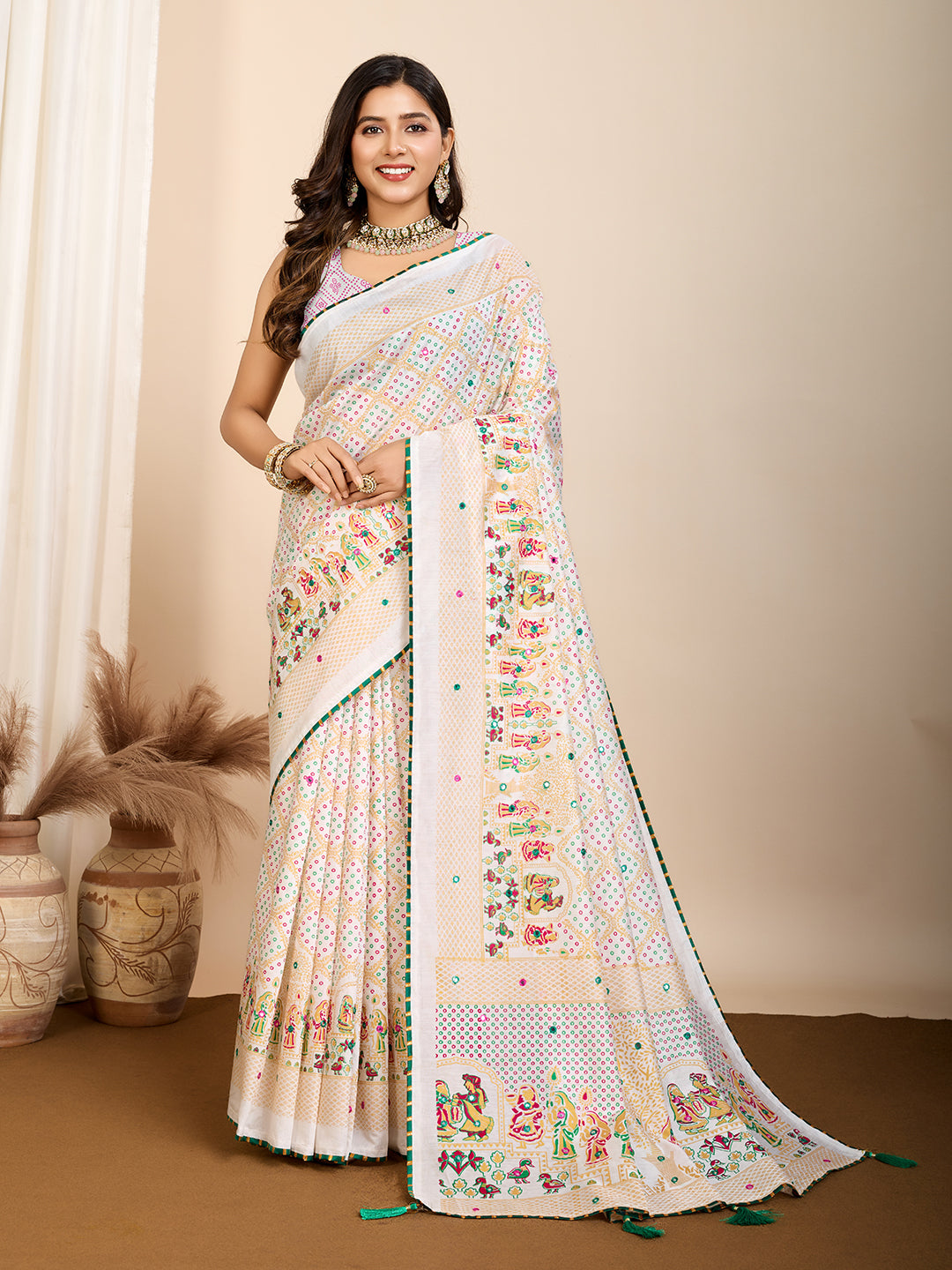 Vedant Vastram Maslin Cotton Printed & Hand work Fancy Saree - White - Distacart