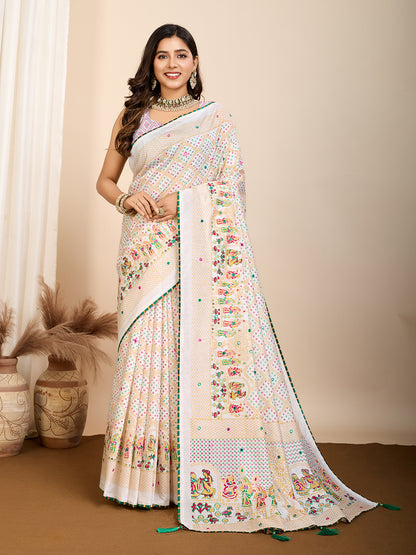 Vedant Vastram Maslin Cotton Printed & Hand work Fancy Saree - White - Distacart