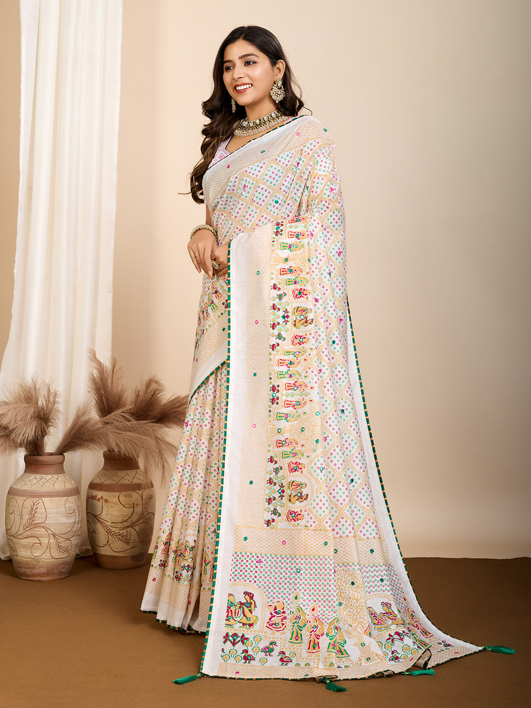 Vedant Vastram Maslin Cotton Printed & Hand work Fancy Saree - White - Distacart