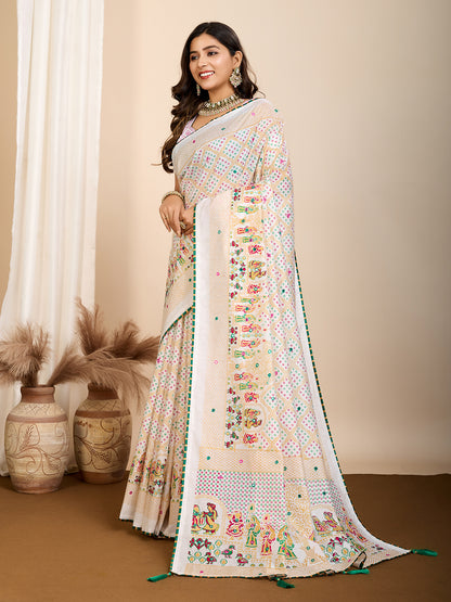 Vedant Vastram Maslin Cotton Printed & Hand work Fancy Saree - White - Distacart