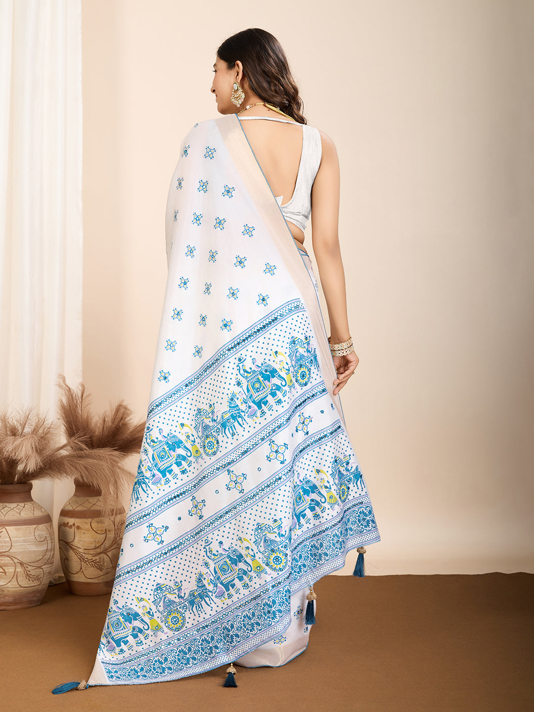 Vedant Vastram Maslin Cotton Printed & Hand work Fancy Saree - Blue - Distacart