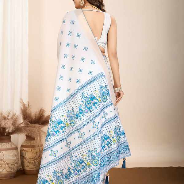 Vedant Vastram Maslin Cotton Printed & Hand work Fancy Saree - Blue - Distacart