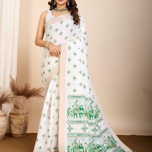 Vedant Vastram Maslin Cotton Printed & Hand work Fancy Saree - Green - Distacart