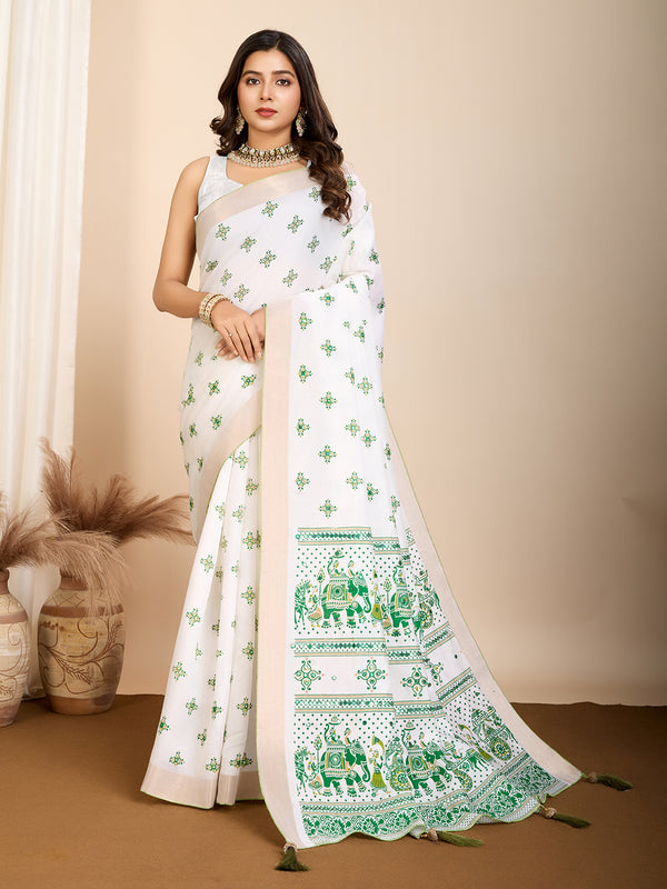 Vedant Vastram Maslin Cotton Printed & Hand work Fancy Saree - Green - Distacart