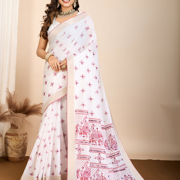 Vedant Vastram Maslin Cotton Printed & Hand work Fancy Saree - Pink - Distacart