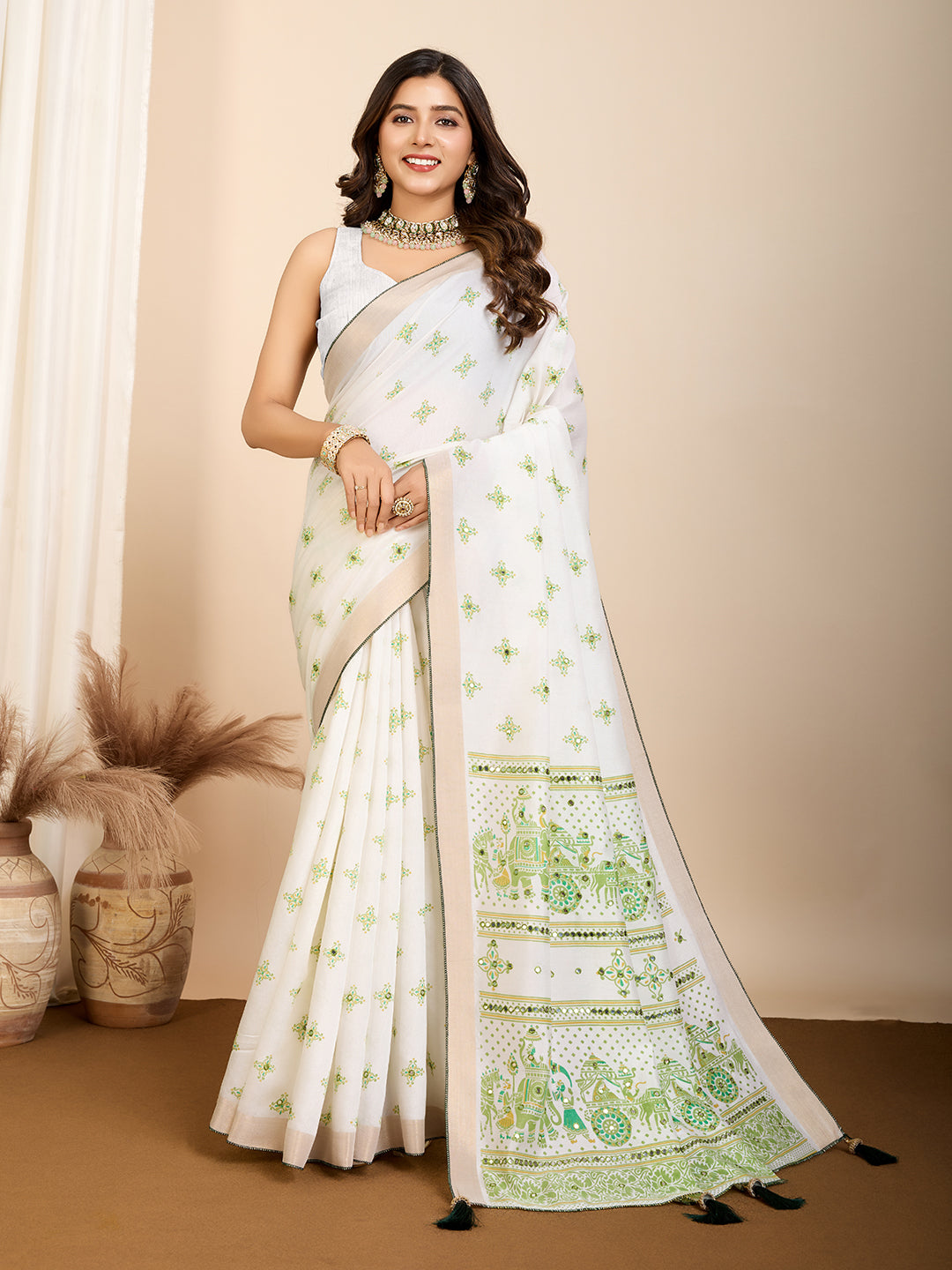 Vedant Vastram Maslin Cotton Printed & Hand work Fancy Saree - Pista - Distacart