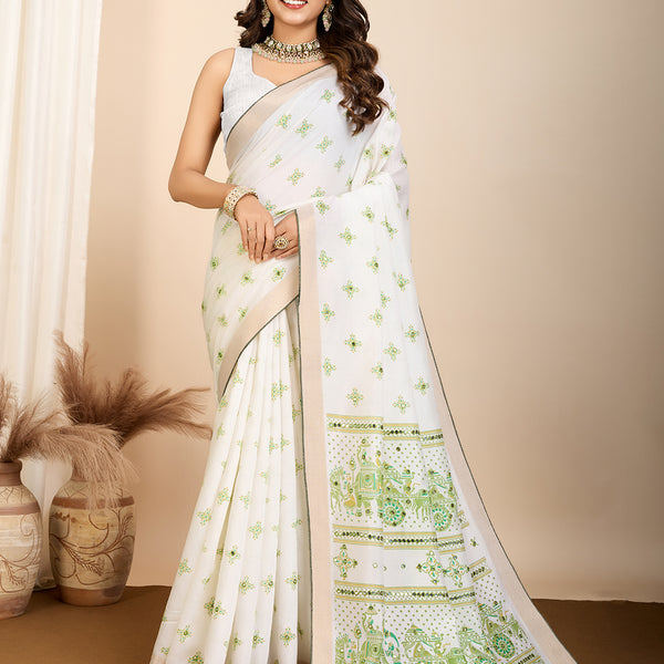 Vedant Vastram Maslin Cotton Printed & Hand work Fancy Saree - Pista - Distacart