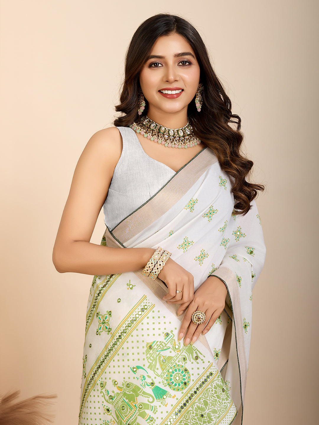 Vedant Vastram Maslin Cotton Printed & Hand work Fancy Saree - Pista - Distacart