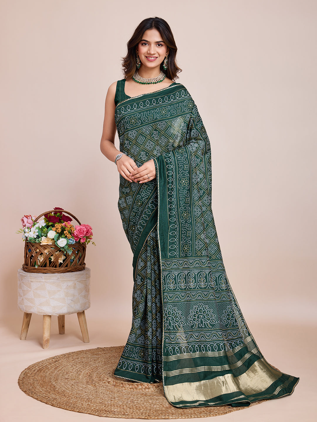 Vedant Vastram Semi Cotton Bandhani Printed Saree - Green - Distacart