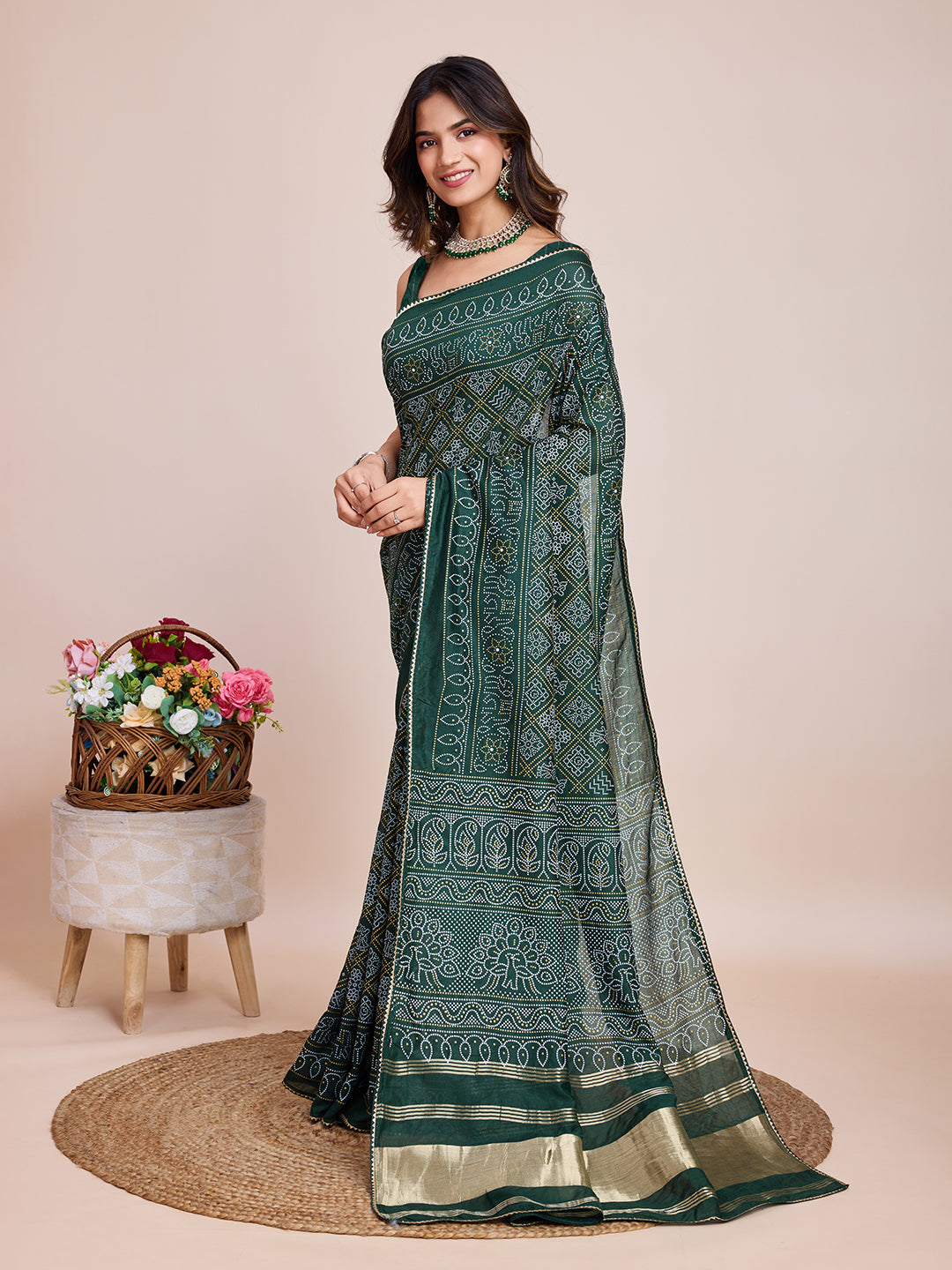 Vedant Vastram Semi Cotton Bandhani Printed Saree - Green - Distacart