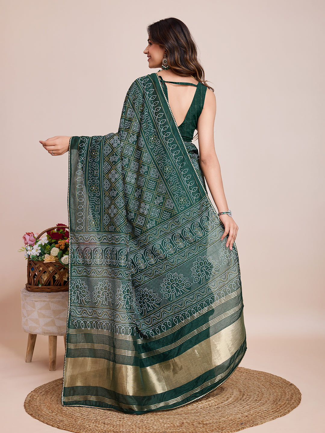 Vedant Vastram Semi Cotton Bandhani Printed Saree - Green - Distacart