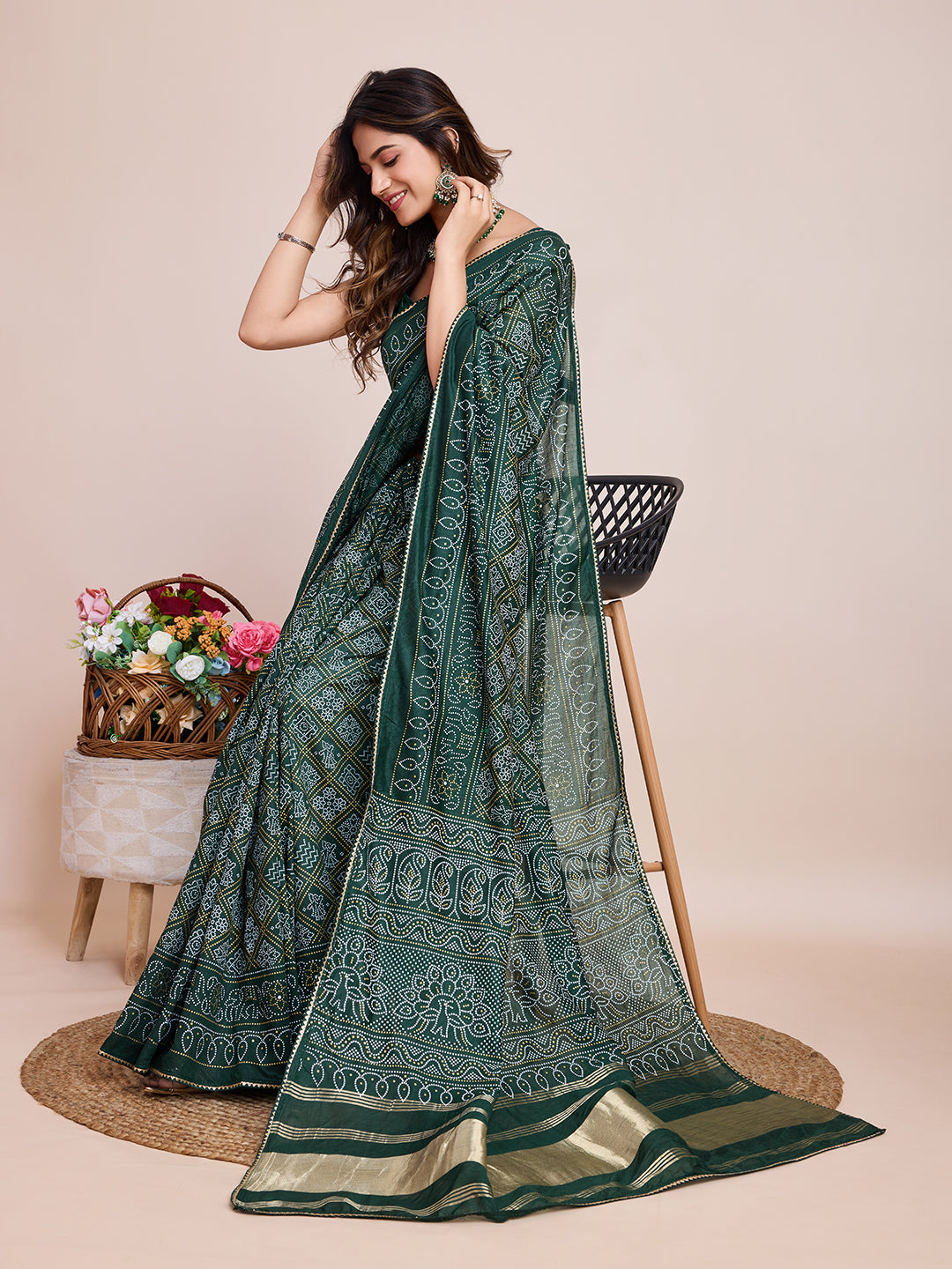 Vedant Vastram Semi Cotton Bandhani Printed Saree - Green - Distacart