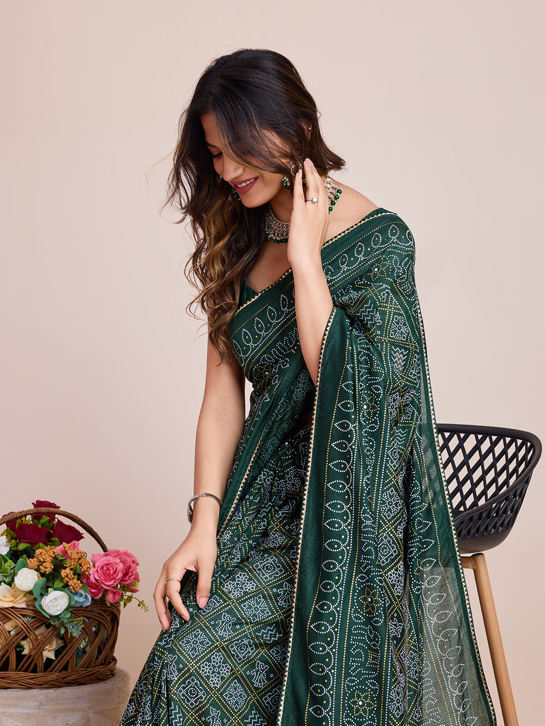 Vedant Vastram Semi Cotton Bandhani Printed Saree - Green - Distacart