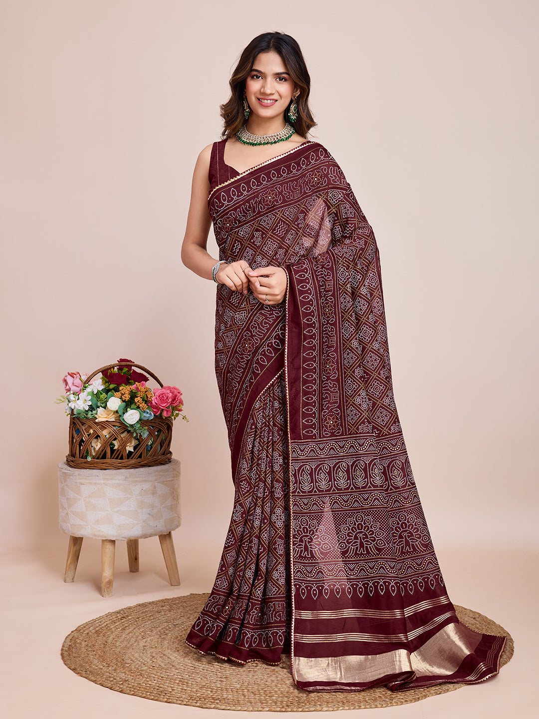 Vedant Vastram Semi Cotton Bandhani Printed Saree - Maroon - Distacart
