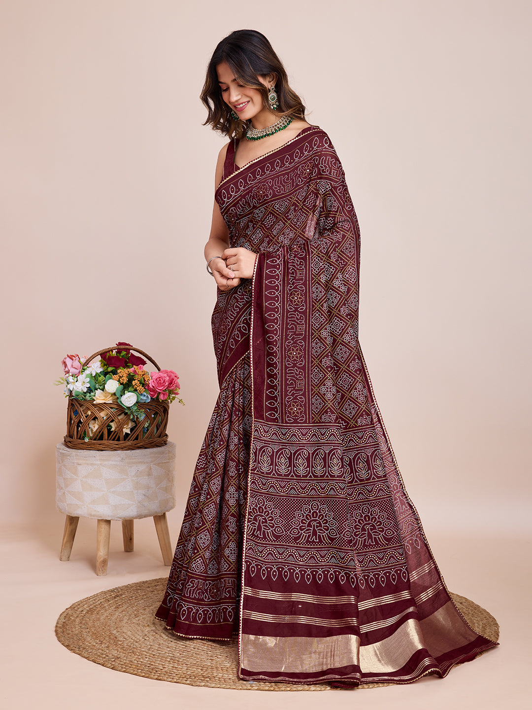 Vedant Vastram Semi Cotton Bandhani Printed Saree - Maroon - Distacart