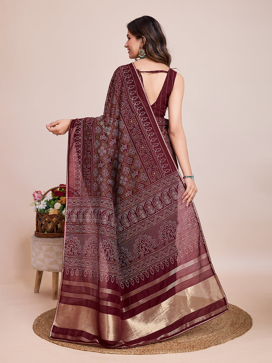 Vedant Vastram Semi Cotton Bandhani Printed Saree - Maroon - Distacart