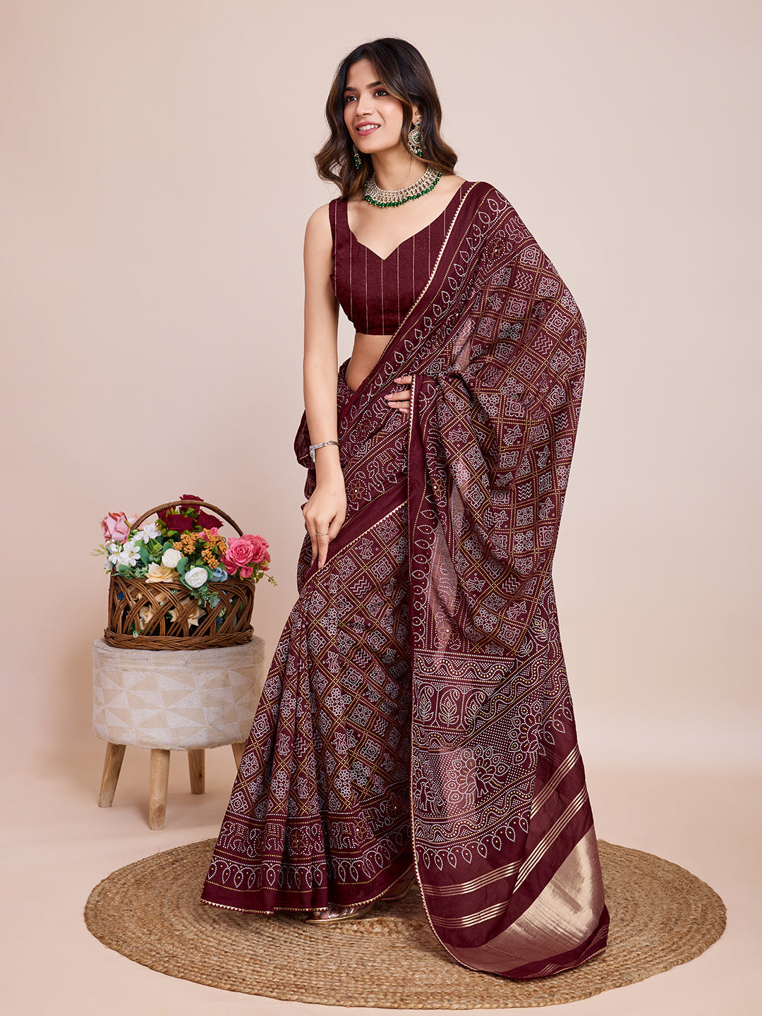 Vedant Vastram Semi Cotton Bandhani Printed Saree - Maroon - Distacart