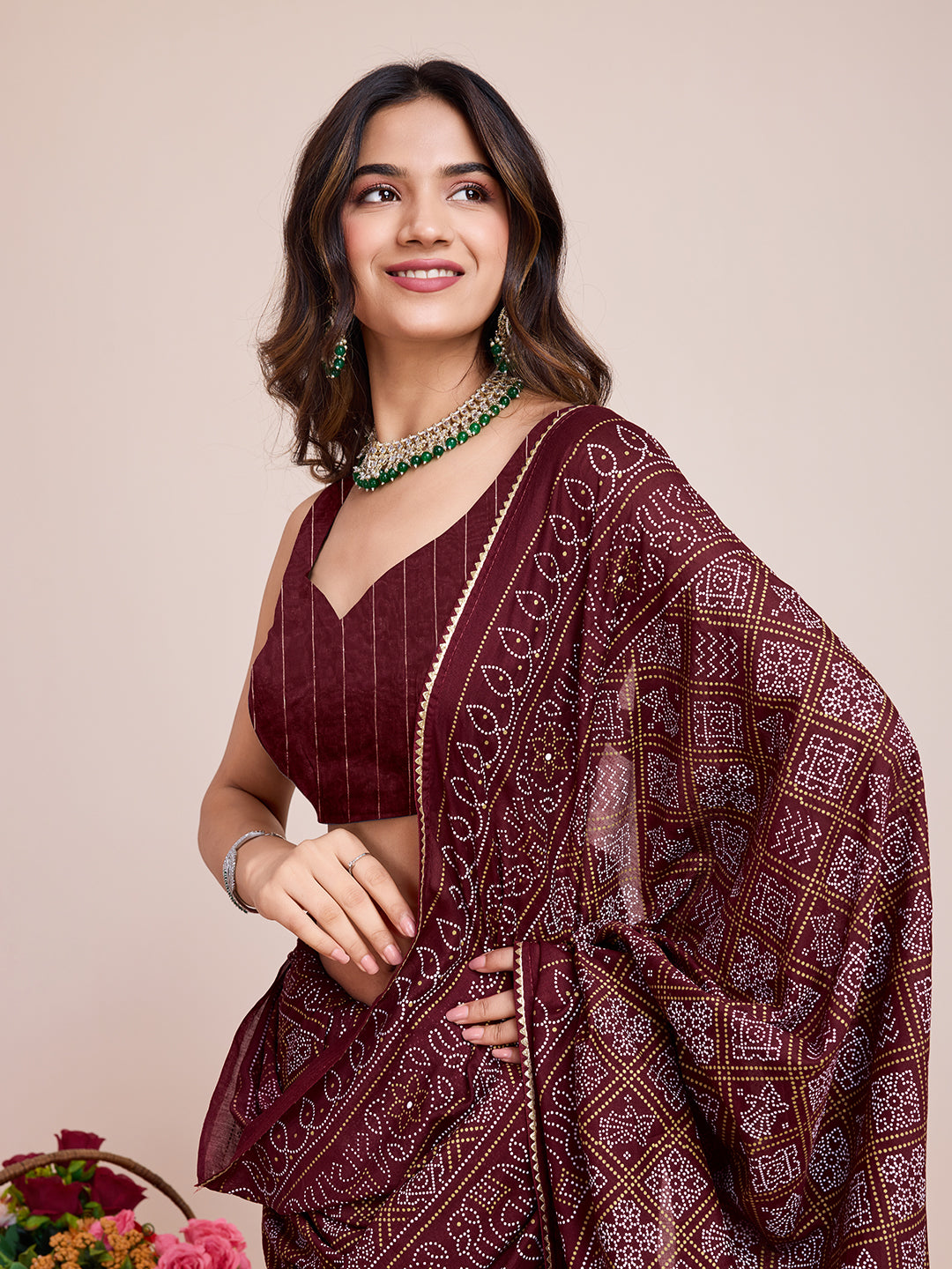 Vedant Vastram Semi Cotton Bandhani Printed Saree - Maroon - Distacart