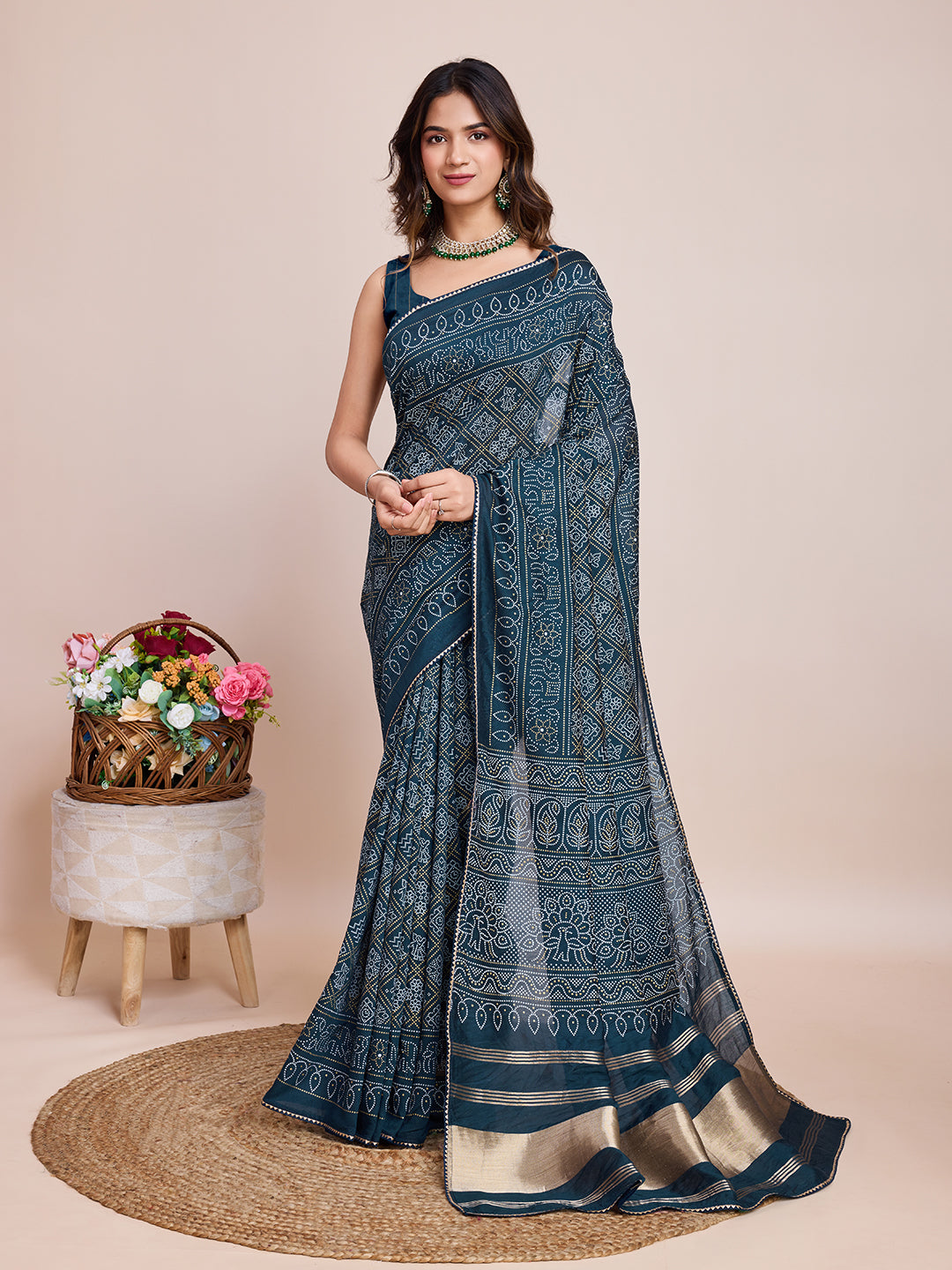 Vedant Vastram Semi Cotton Bandhani Printed Saree - Mopich - Distacart